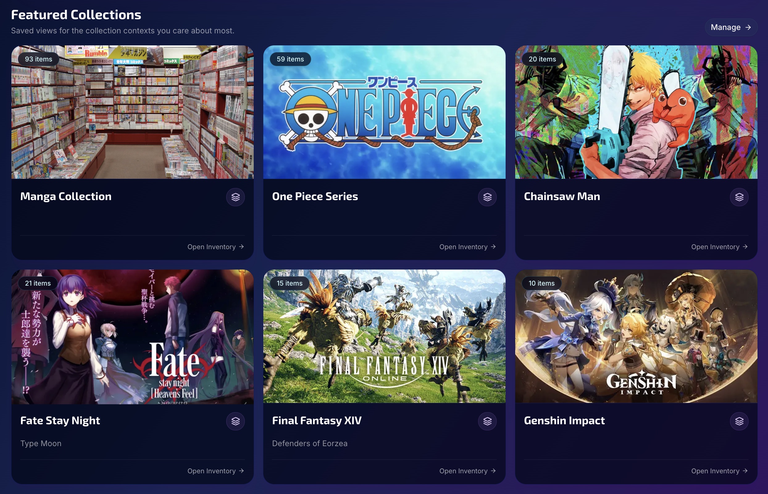 Pocket Dimension Featured Collections showing saved collection views for manga and series.