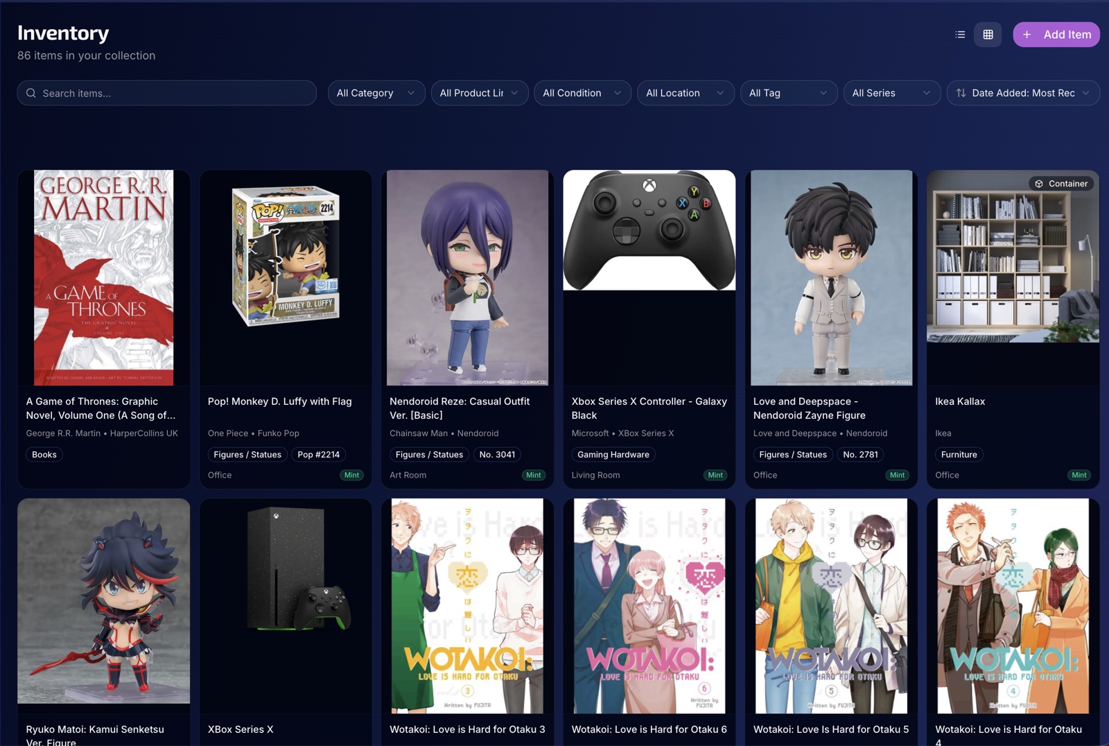 Pocket Dimension inventory showing a visual grid of books, figures, hardware, and furniture.
