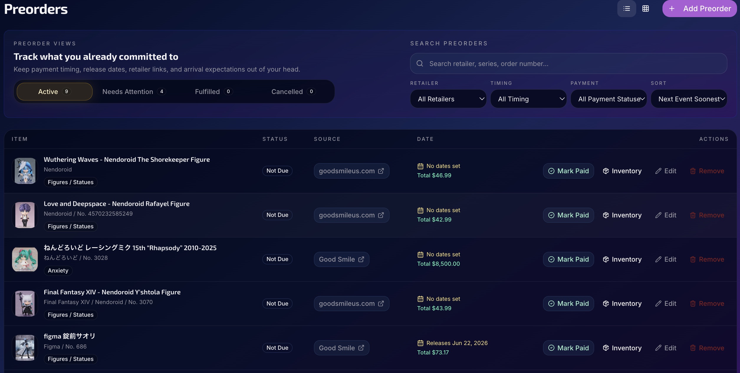 Pocket Dimension preorders table showing active orders, retailers, dates, payment state, and actions.