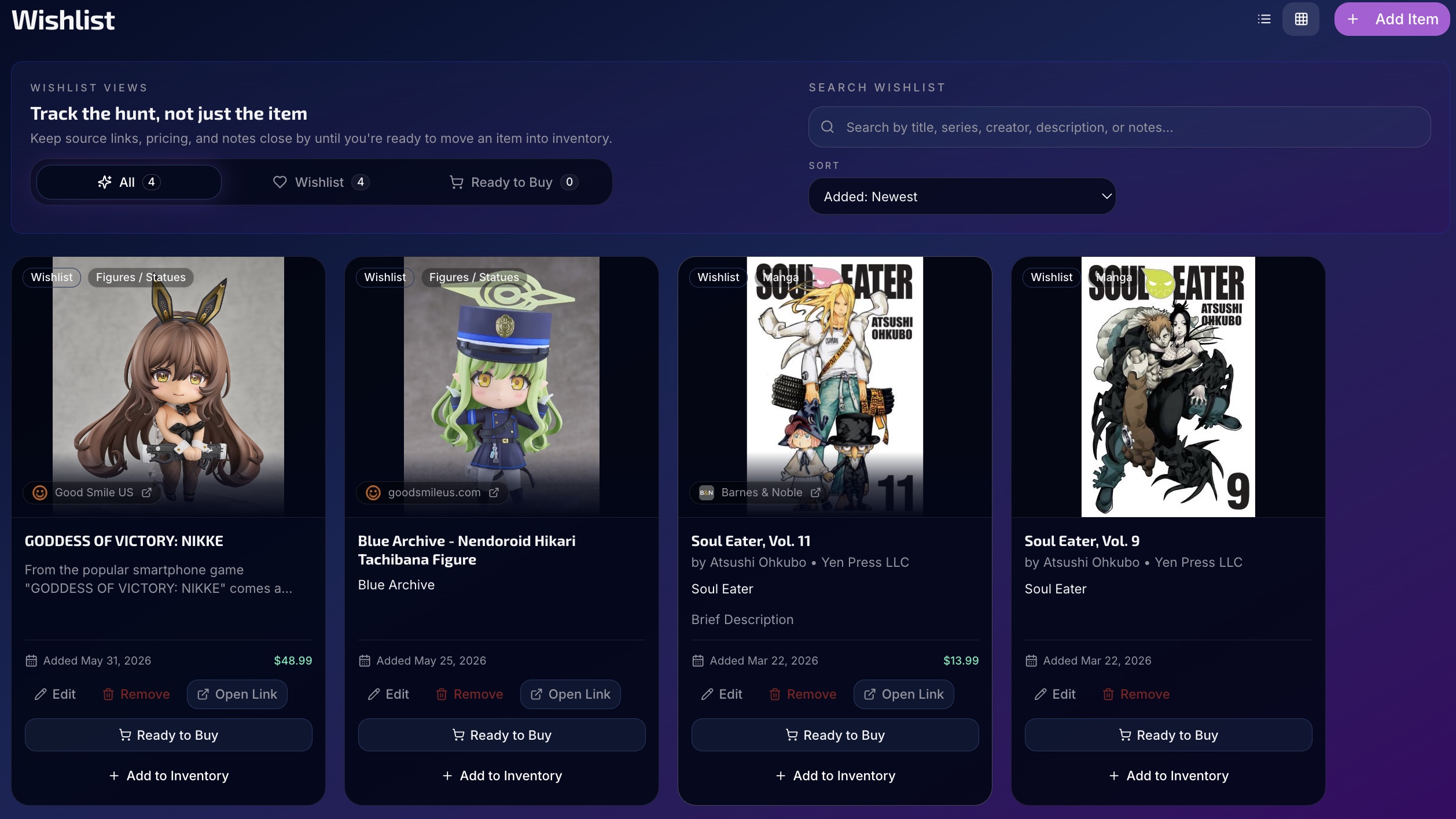 Pocket Dimension wishlist view showing saved items, source links, prices, and ready-to-buy actions.